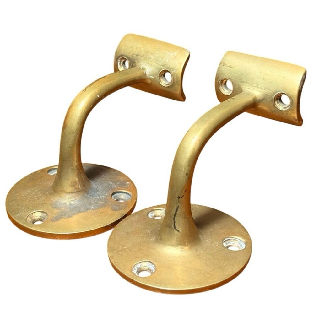 Pair Vintage Solid Brass Handrail Brackets Heavy Duty Staircase Rail Support